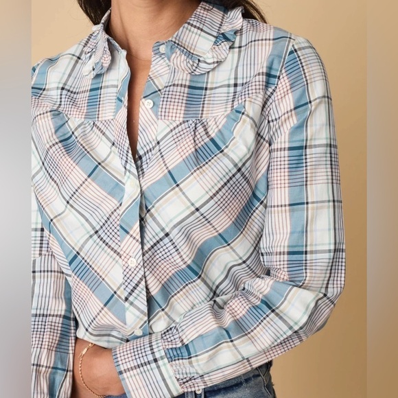 NWT Untuckit Cotton Ruffle-Collar Margot Shirt Blue Multi Plaid - Picture 2 of 10